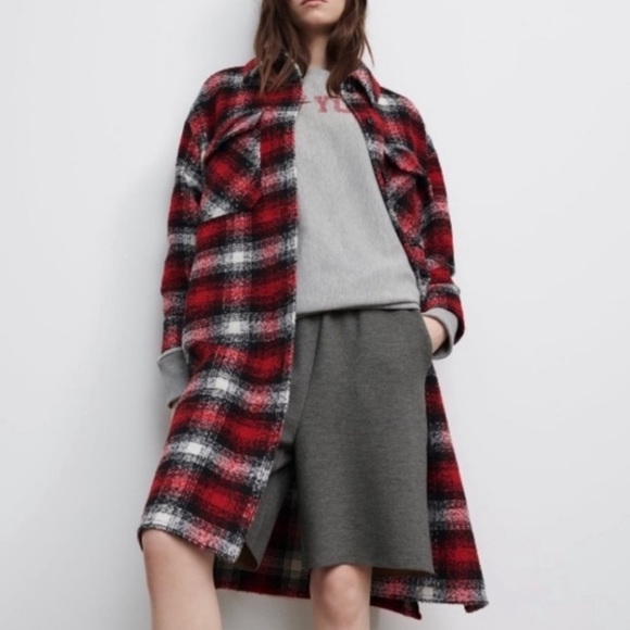 Zara long plaid coat shacket red & black & white (S-M) - Picture 2 of 9